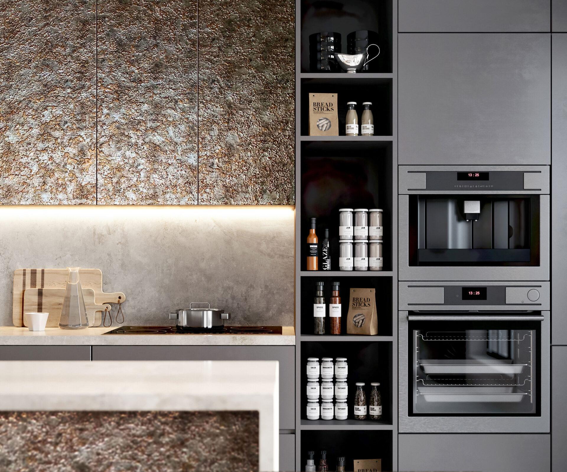 Et flot køkken i mørke nuancer. Overfladen i en flot SL LAVA VINTAGE Copper AW fra SIBU design giver et flot udtryk på overskabe og køkken ø. Kopper nuancerne står flot til de mørkegrå fronter på resten af køkkenet. 