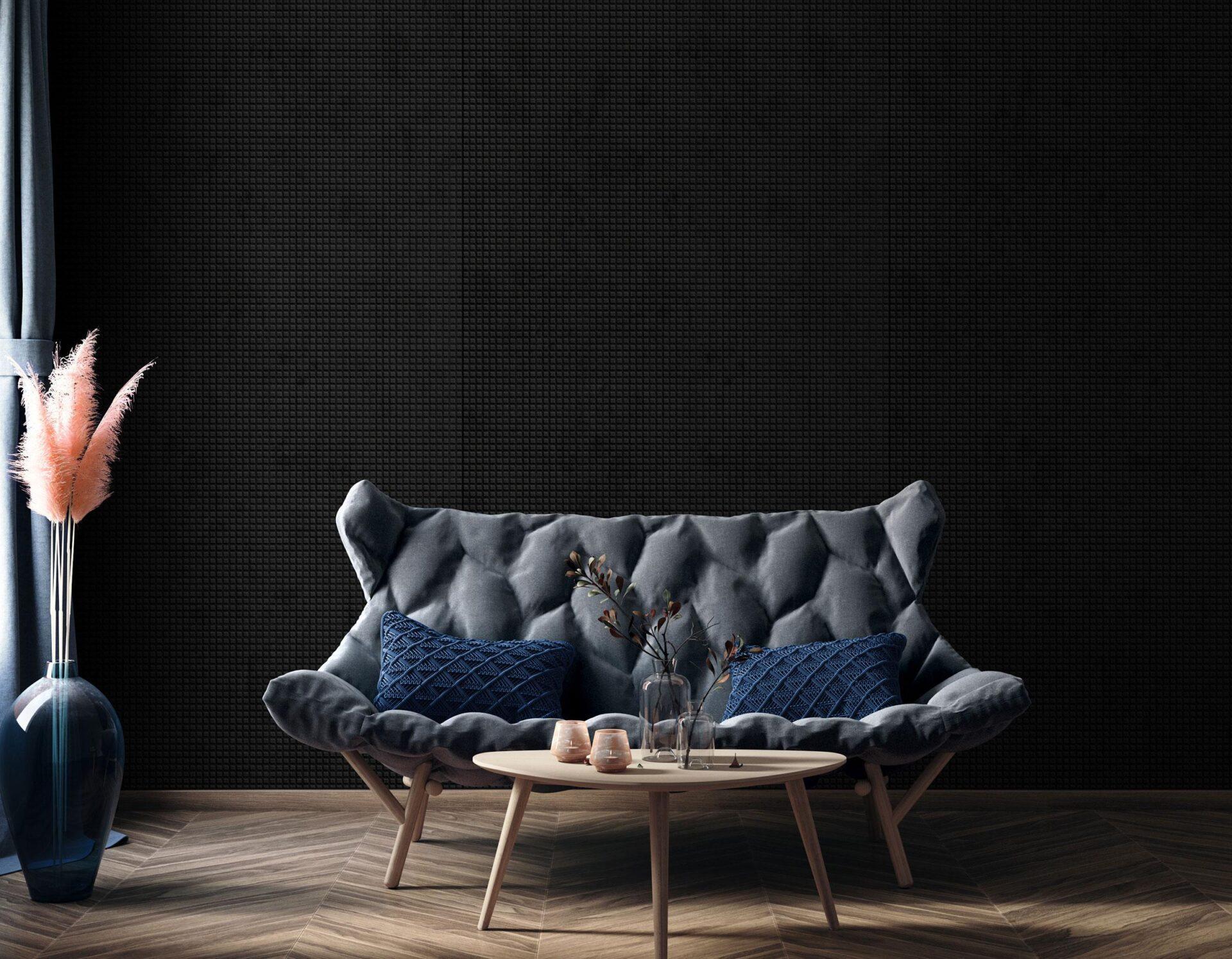 FL SQUARE 2 VELVET Coal Antigrav overfladen fra SIBU Design. Her er overfladen brugt som baggrund i et stilfuldt venteværelse. 