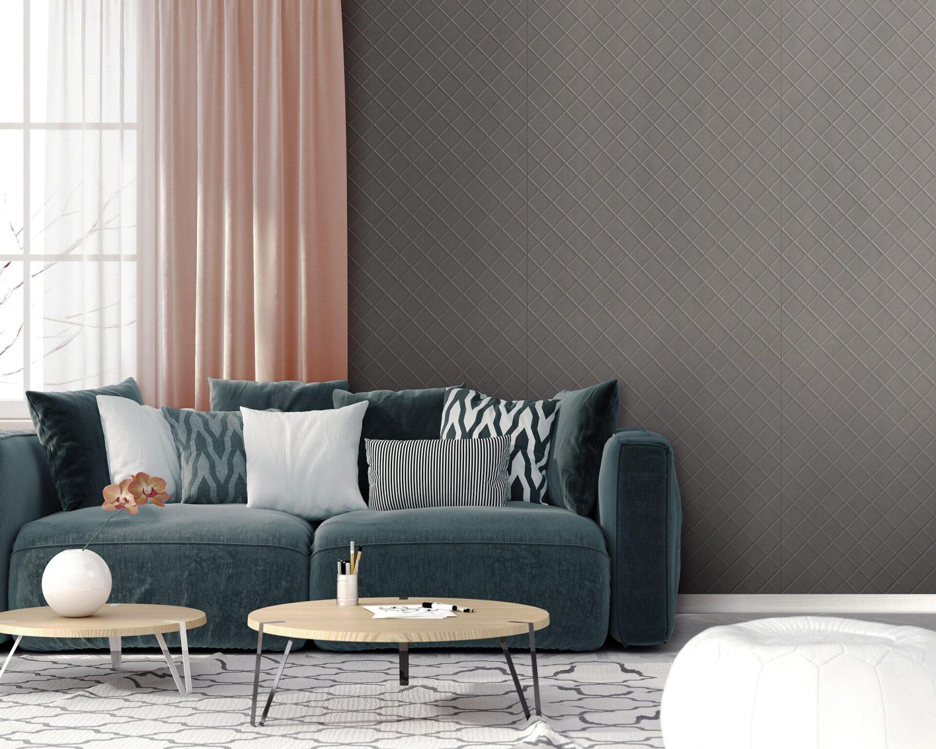 LL CORD Charcoal Light overfladen fra SIBU Design. Her skaber overfladen en flot effekt og varm på bagvæggen i en stue. 